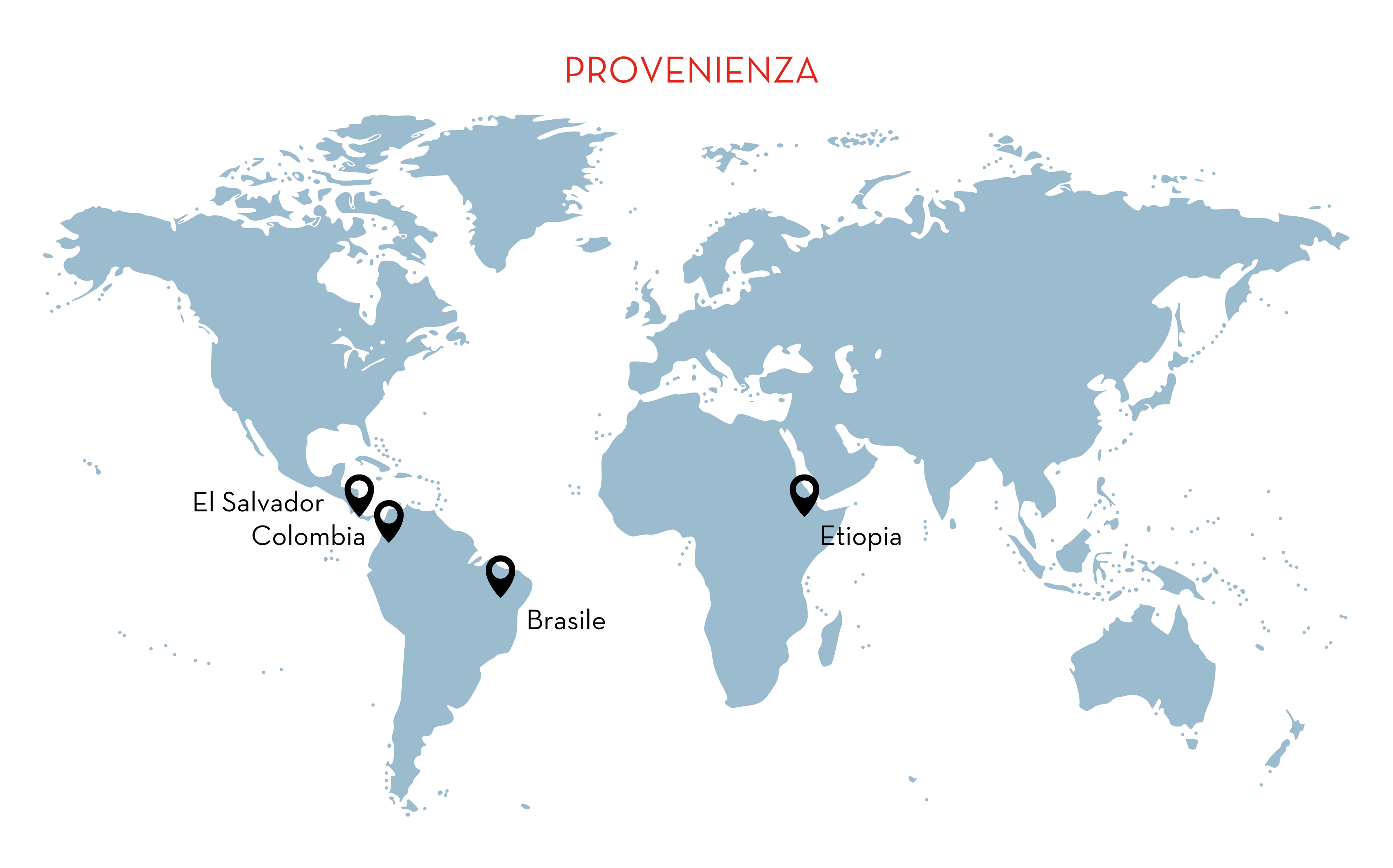 Provenienza della Miscela Deca, Etiopia, El Salvador, Colombia, Brasile.