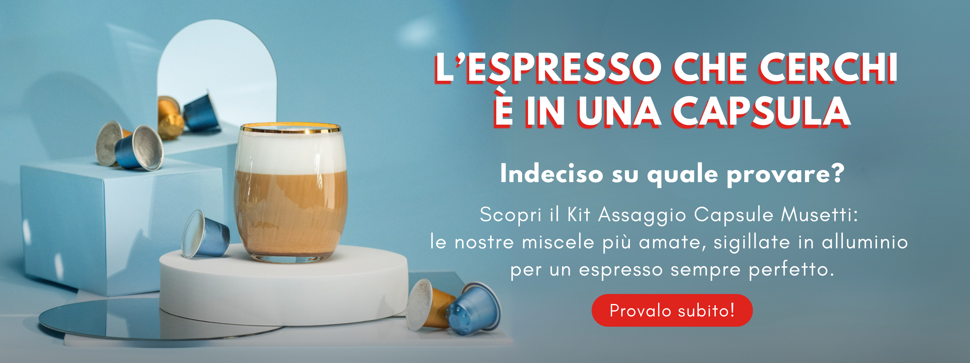 Pacchetto rettangolare bianco con logo “italiano CAPSULE” di Caffè Musetti e icona di capsula al centro.