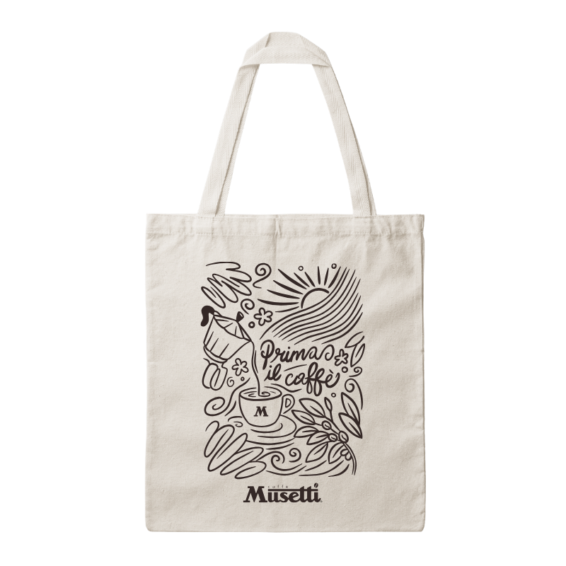 Tote bag in tela naturale Caffè Musetti con stampa illustrata “Prima il caffè”