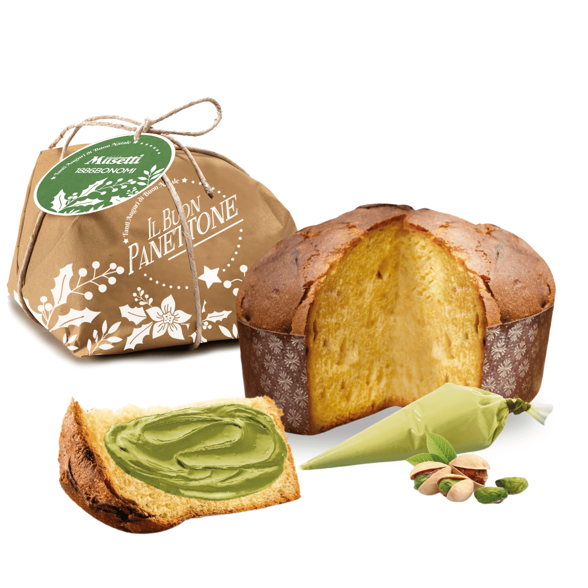 Panettone Crema al Pistacchio Musetti, 850 gr - Senza uvetta e canditi - Musetti shop